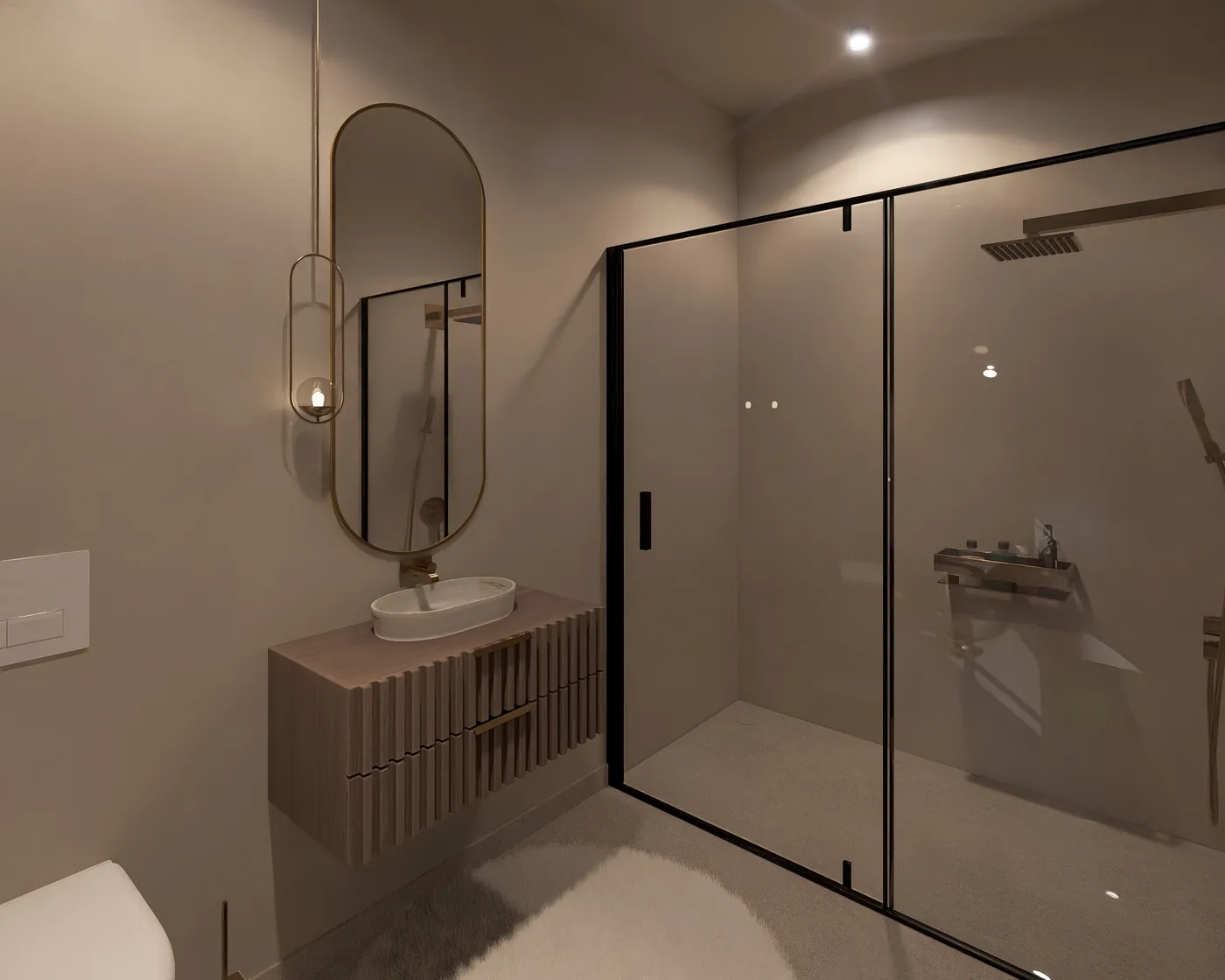 Badkamer met zwart douchescherm