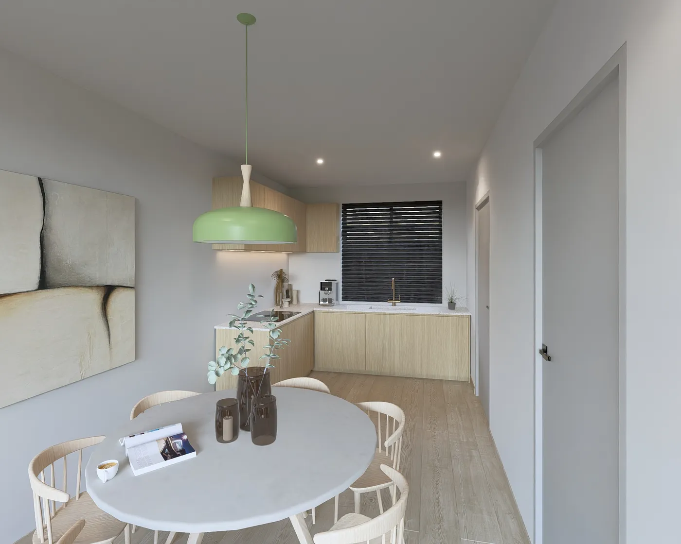 Woon- en eethoek met groene hanglamp