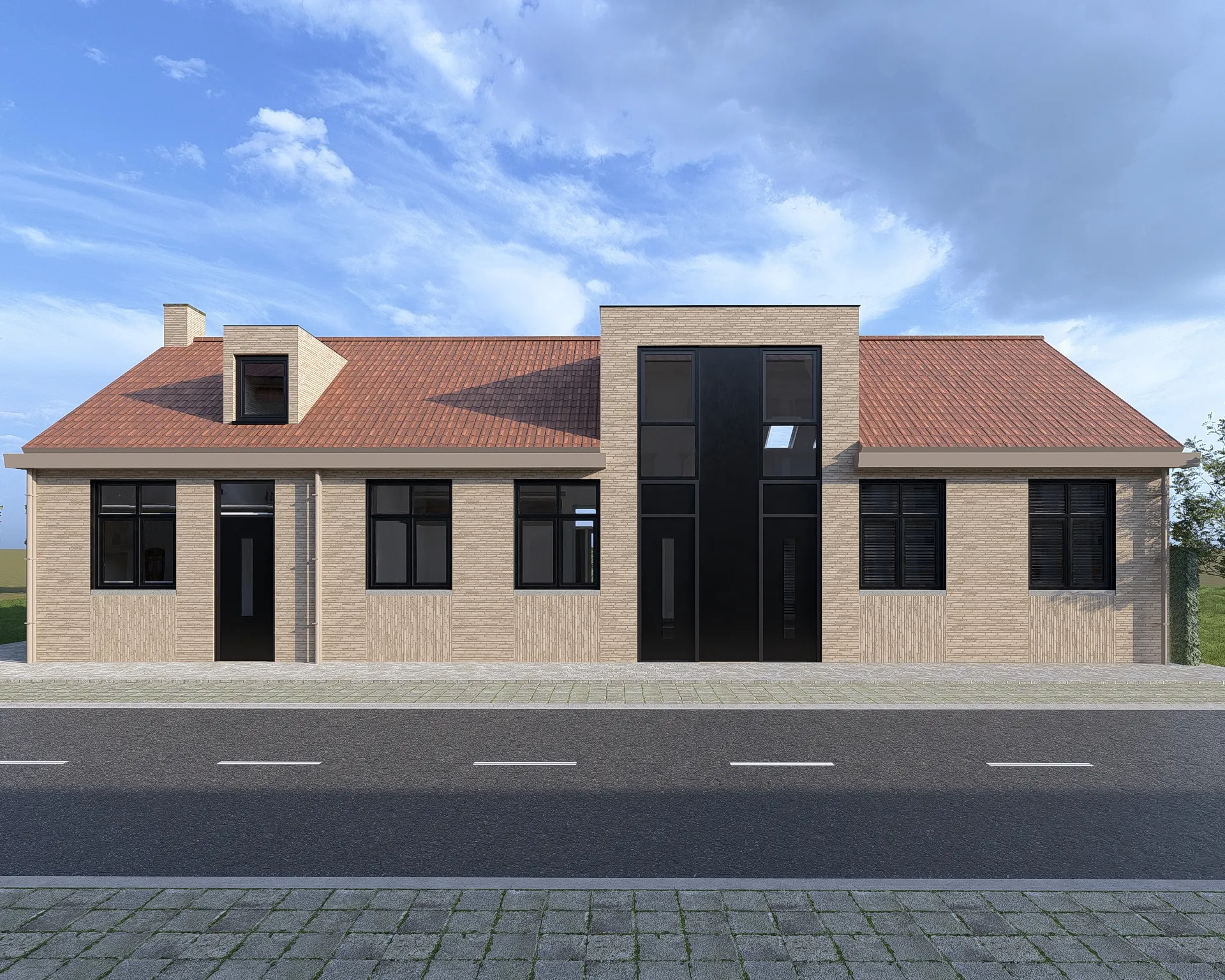 Vooraanzicht van de drie stadswoningen